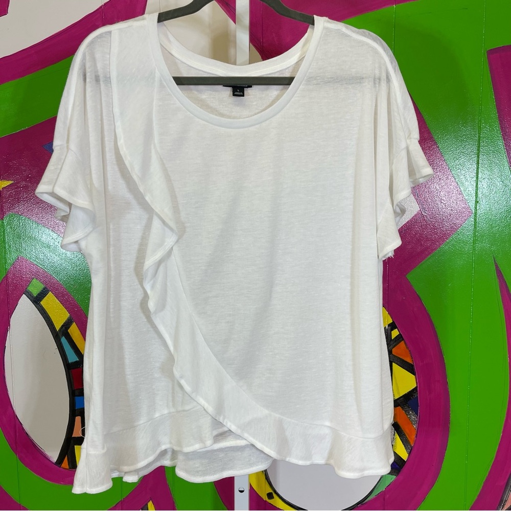 ANA, White Ruffle Blouse. Size Large. In excellent condition!